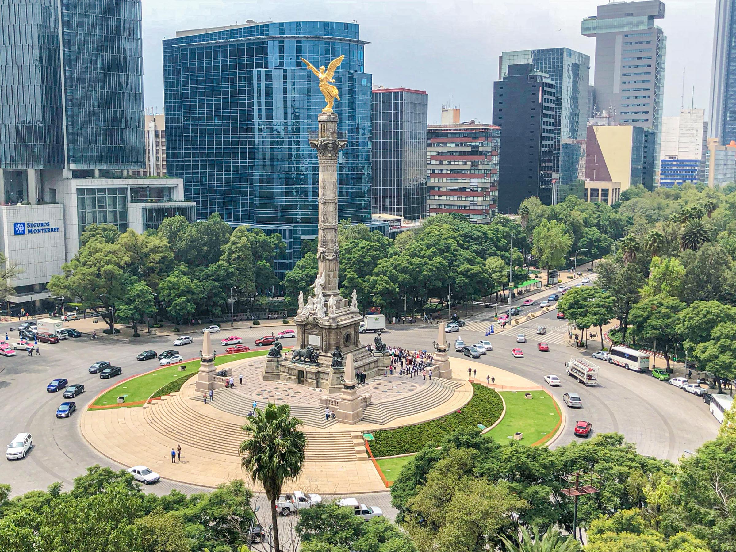 Aerial view of the Independence Angel in the Paseo de la Reforma avenue in Mexico City